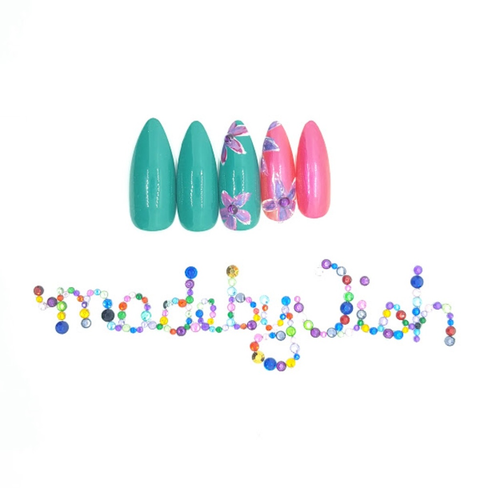 Blue Pink Floral Rhinestone Stiletto Press On Nail